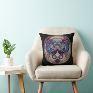 Steampunk-Oktopus-Emblem mit violetten Rosen  Kissen
