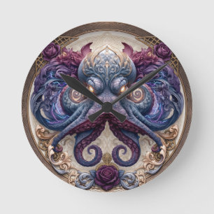 Steampunk-Oktopus-Emblem mit violetten Rosen Runde Wanduhr