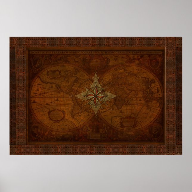 Steampunk Old World Map & Compass Rose Design Poster (Vorne)