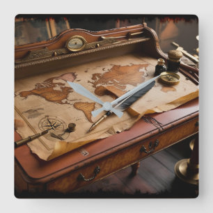 Steampunk Olde Worlde Map and Desk Quadratische Wanduhr