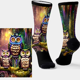 Steampunk Owl Family im Wald auf Schwarz Socken