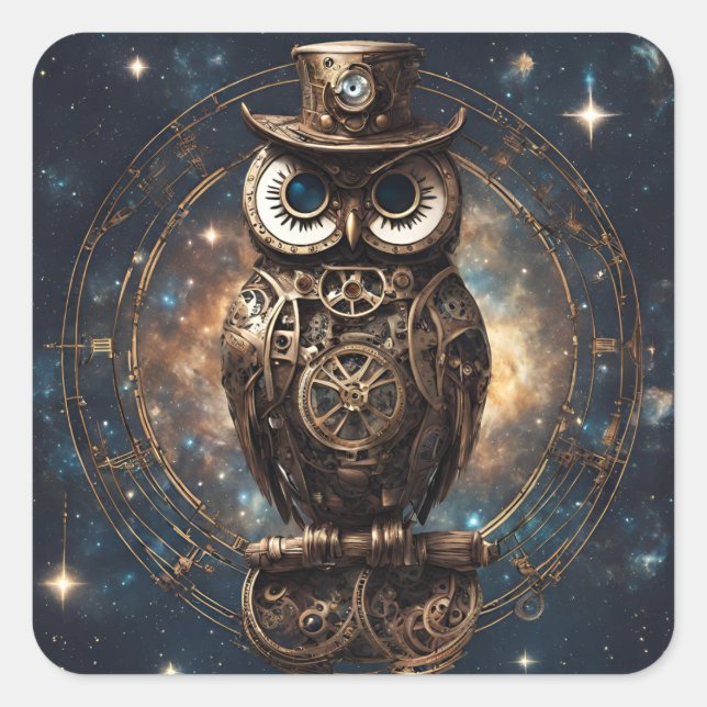 Steampunk Owl Quadratischer Aufkleber (Vorderseite)