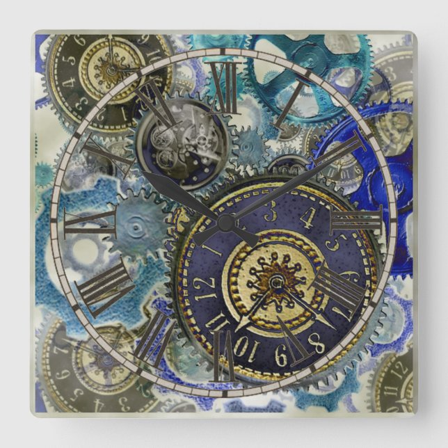 Steampunk Patterns wheels, gears cogs and things Quadratische Wanduhr (Vorderseite)