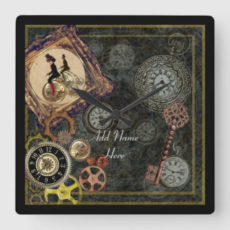 Steampunk Patterns wheels, gears cogs and things Quadratische Wanduhr