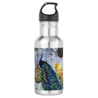 Steampunk Peacock Time Clock Gelbe Rosen Trinkflasche