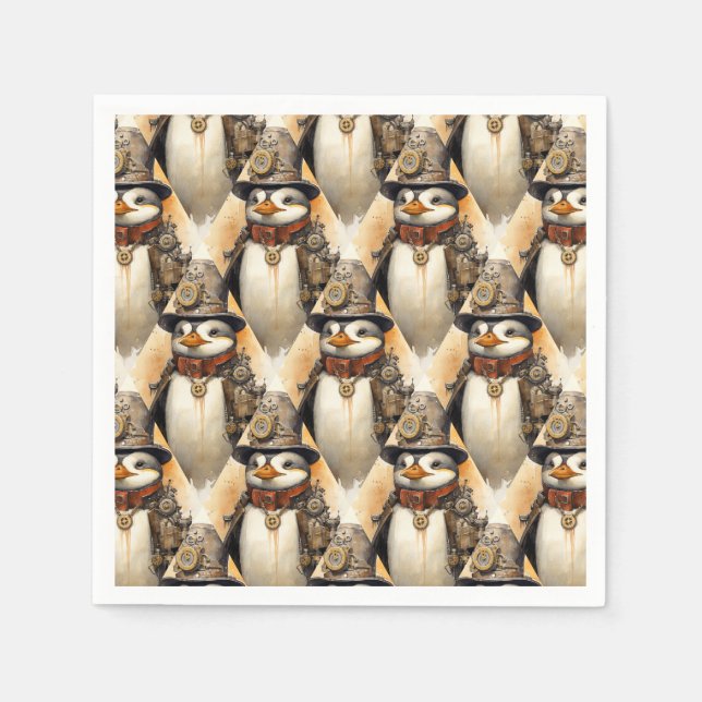 Steampunk Pinguin 1 Muster Serviette (Vorderseite)