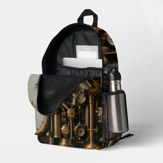 Steampunk-Pipes und Gages-Backpack Bedruckter Rucksack (Rückseitige Ecke links (Offen) )