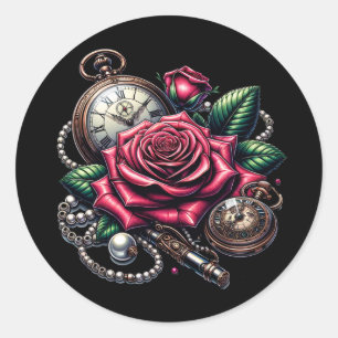 Steampunk-Pocket-Uhren und Rose Runder Aufkleber