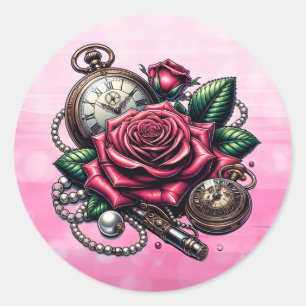 Steampunk-Pocket-Uhren und Rose Runder Aufkleber
