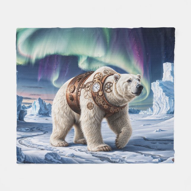 Steampunk Polar Bear und Aurora Art Fleecedecke (Vorderseite (Horizontal))