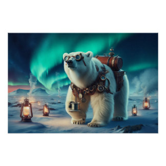 Steampunk Polar Bear und Aurora Art Poster