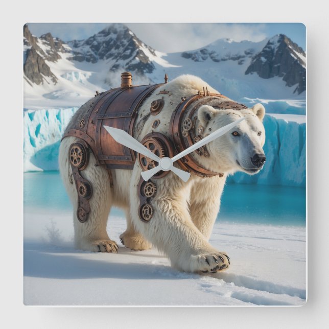 Steampunk Polar Bear Warrior Quadratische Wanduhr (Vorderseite)