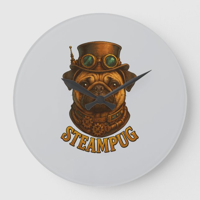 Steampunk Pug Wall Clock - vintage "Steampug" Große Wanduhr (Vorderseite)