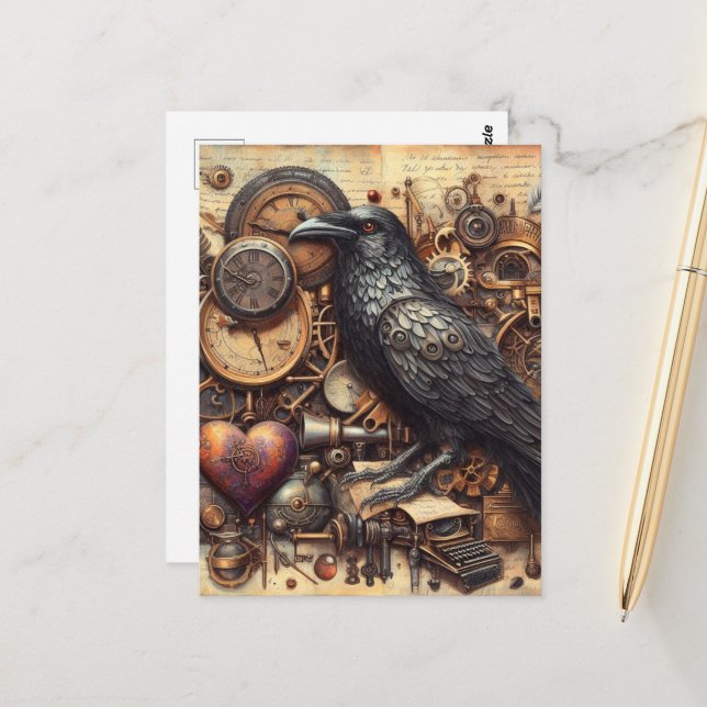 Steampunk-Rabe Postkarte (Vorderseite/Rückseite Beispiel)
