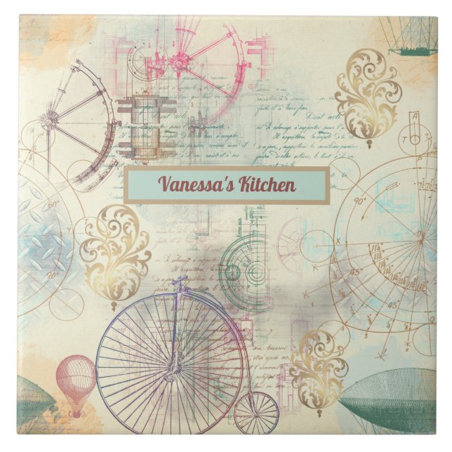 Steampunk-Radschiffe und Werkzeuge Küche Fliese (Vorderseite)