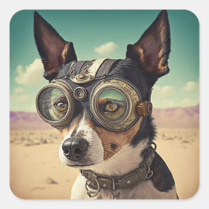 Steampunk Rat Terrier Dog in der Wüste Quadratischer Aufkleber