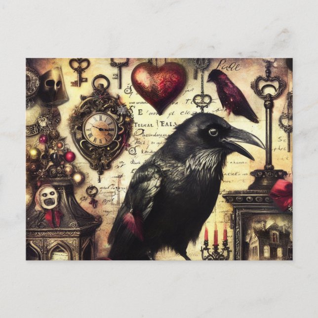 Steampunk Raven Horror Collage Postkarte (Vorderseite)