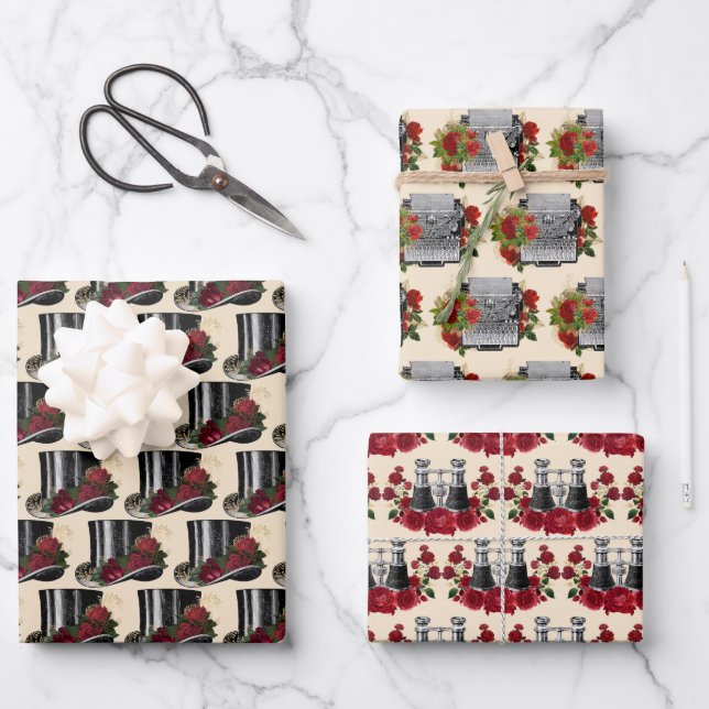Steampunk Red Binoculars Schreibwriter Hat Weihnac Geschenkpapier Set (Vorderseite)