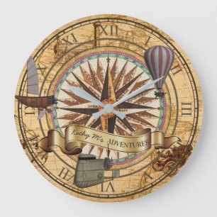 Steampunk Reise-Antiken-Karten-Kompass-Abenteuer Große Wanduhr