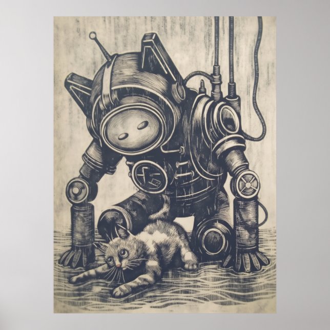 Steampunk Robot Linocut Poster (Vorne)