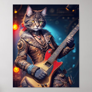 Steampunk-Rockkatze spielt Gitarre auf einer Bühne Poster