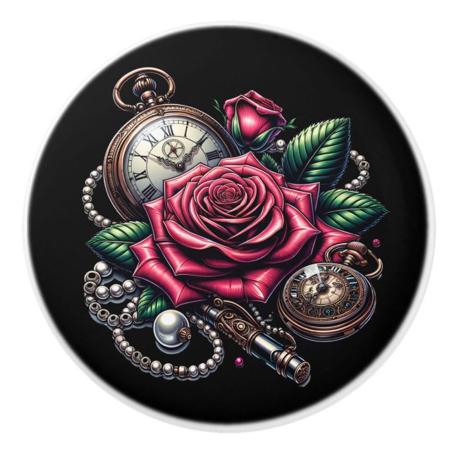 Steampunk Rose, Metal Key and Pocket Watch Keramikknauf (Vorderseite)
