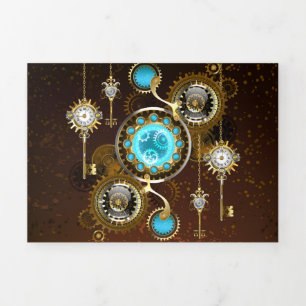 Steampunk-Rostiger Hintergrund mit Türkisgläsern Dreifach Gefaltete Karte