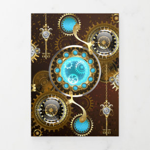 Steampunk-Rostiger Hintergrund mit Türkisgläsern Dreifach Gefaltete Karte