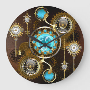 Steampunk-Rostiger Hintergrund mit Türkisgläsern Große Wanduhr