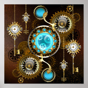 Steampunk-Rostiger Hintergrund mit Türkisgläsern Poster