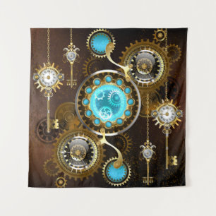 Steampunk-Rostiger Hintergrund mit Türkisgläsern Wandteppich
