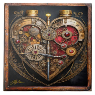 Steampunk Rubine und Zahnräder Dunkles Herz  Fliese