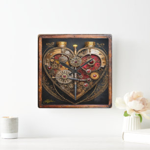 Steampunk Rubine und Zahnräder Dunkles Herz Quadratische Wanduhr