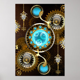 Steampunk Rusty Background with Turquoise Lenses Poster