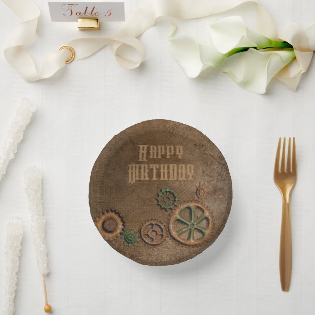 Steampunk Rusty Gears Happy Birthday Paper Tellers Pappteller (Hochzeit)