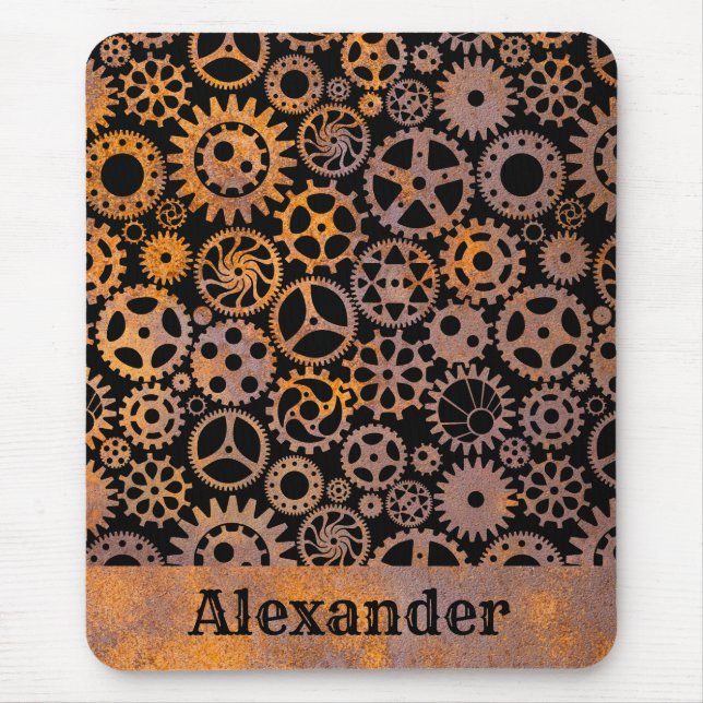 Steampunk Rusty Gears Individuelle Name Mousepad (Vorne)