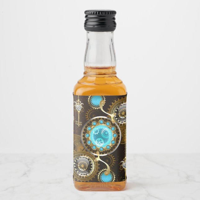 Steampunk Rusty Hintergrund mit türkisfarbenen Lin Alkoholflaschenetikett (Vorderseite)