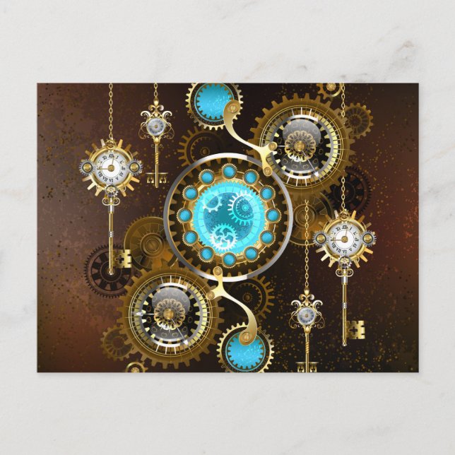 Steampunk Rusty Hintergrund mit türkisfarbenen Lin Ankündigungspostkarte (Vorderseite)