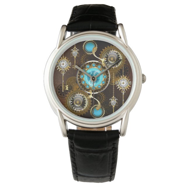 Steampunk Rusty Hintergrund mit türkisfarbenen Lin Armbanduhr (Vorderseite)