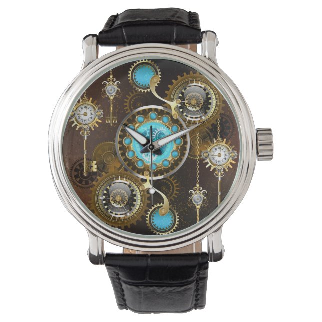 Steampunk Rusty Hintergrund mit türkisfarbenen Lin Armbanduhr (Vorderseite)