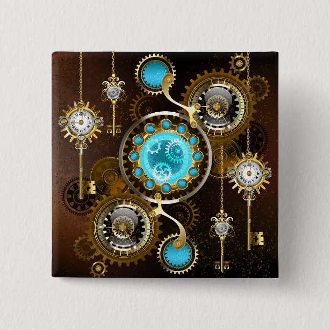 Steampunk Rusty Hintergrund mit türkisfarbenen Lin Button (Vorderseite)