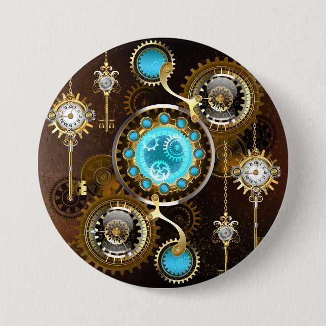 Steampunk Rusty Hintergrund mit türkisfarbenen Lin Button (Vorderseite)
