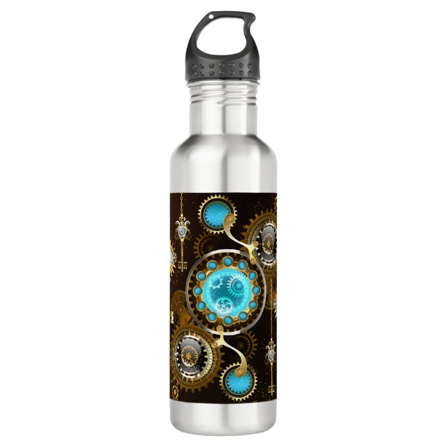 Steampunk Rusty Hintergrund mit türkisfarbenen Lin Edelstahlflasche (Vorderseite)