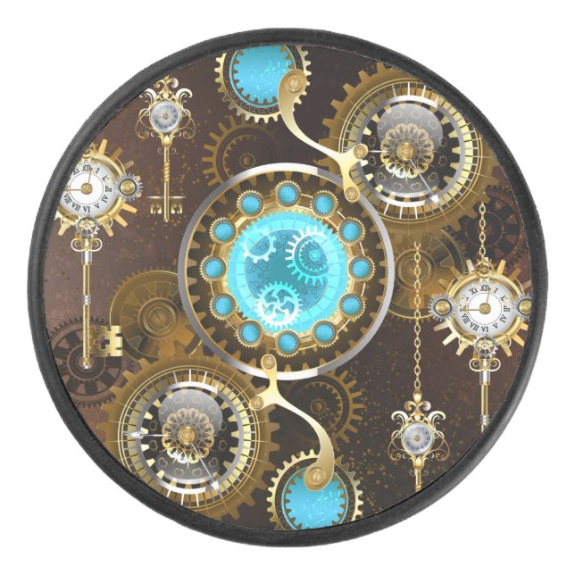 Steampunk Rusty Hintergrund mit türkisfarbenen Lin Eishockey Puck (Vorderseite)