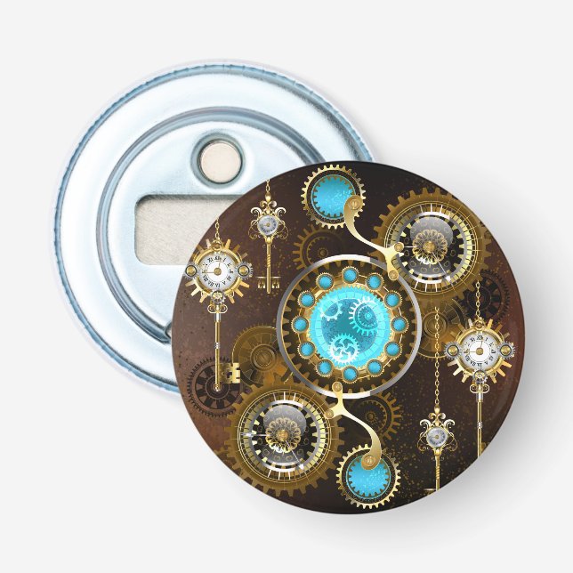 Steampunk Rusty Hintergrund mit türkisfarbenen Lin Flaschenöffner (Vorderseite)