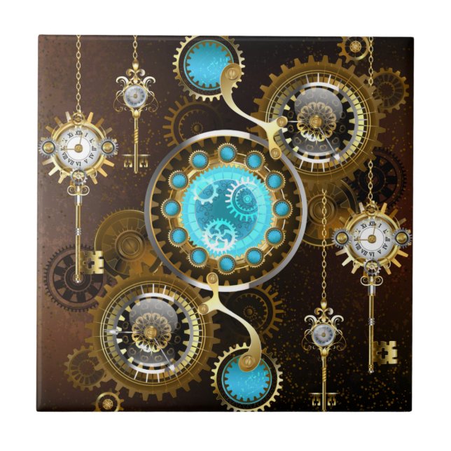 Steampunk Rusty Hintergrund mit türkisfarbenen Lin Fliese (Vorderseite)