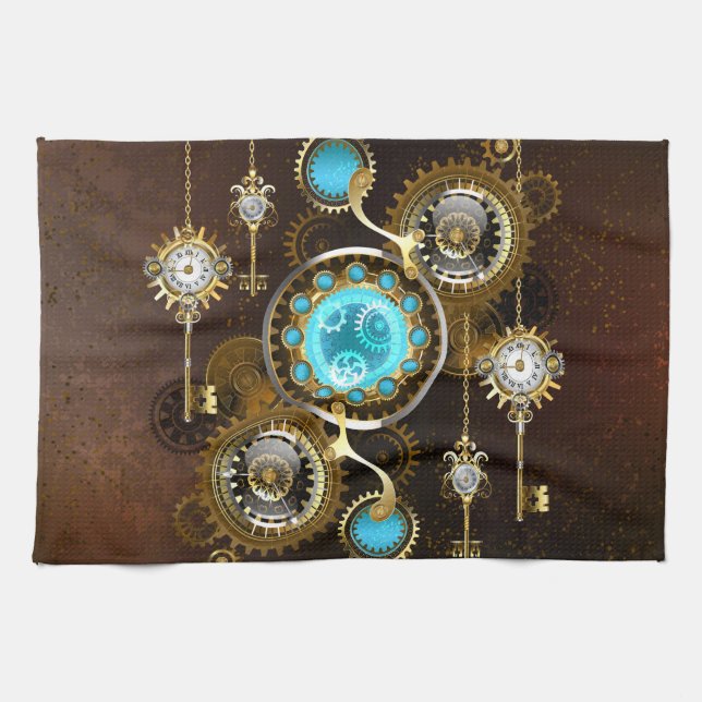 Steampunk Rusty Hintergrund mit türkisfarbenen Lin Geschirrtuch (Horizontal)