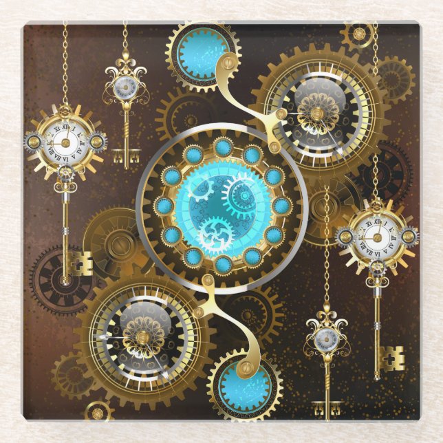 Steampunk Rusty Hintergrund mit türkisfarbenen Lin Glasuntersetzer (Vorderseite)