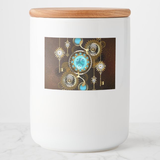 Steampunk Rusty Hintergrund mit türkisfarbenen Lin Lebensmitteletikett (Vorderseite)
