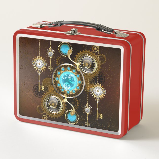 Steampunk Rusty Hintergrund mit türkisfarbenen Lin Metall Brotdose (Vorderseite)